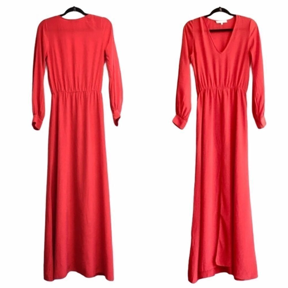 ALEXIS Boho Chic Vintage-Inspired Silk Maxi Dress Long Sleeves V-Neck Red XS